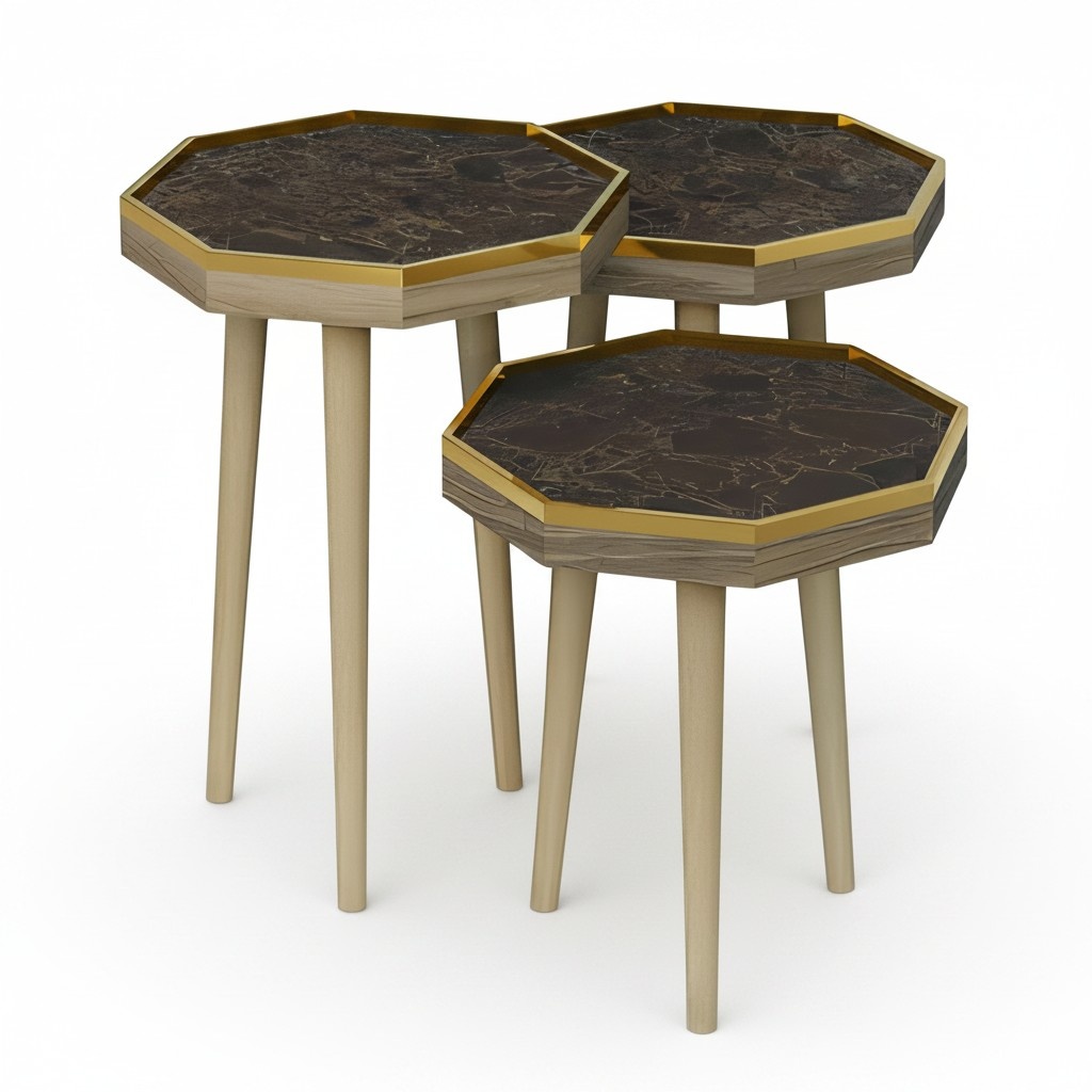Design Satztisch 3er Set Heptagon Dunkle Marmor-Optik