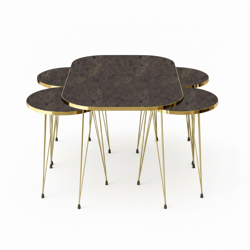 Artikel-Name: Design Couchtisch Set mit 4 Beistelltischen in Marmor-Optik und Goldenen Beinen