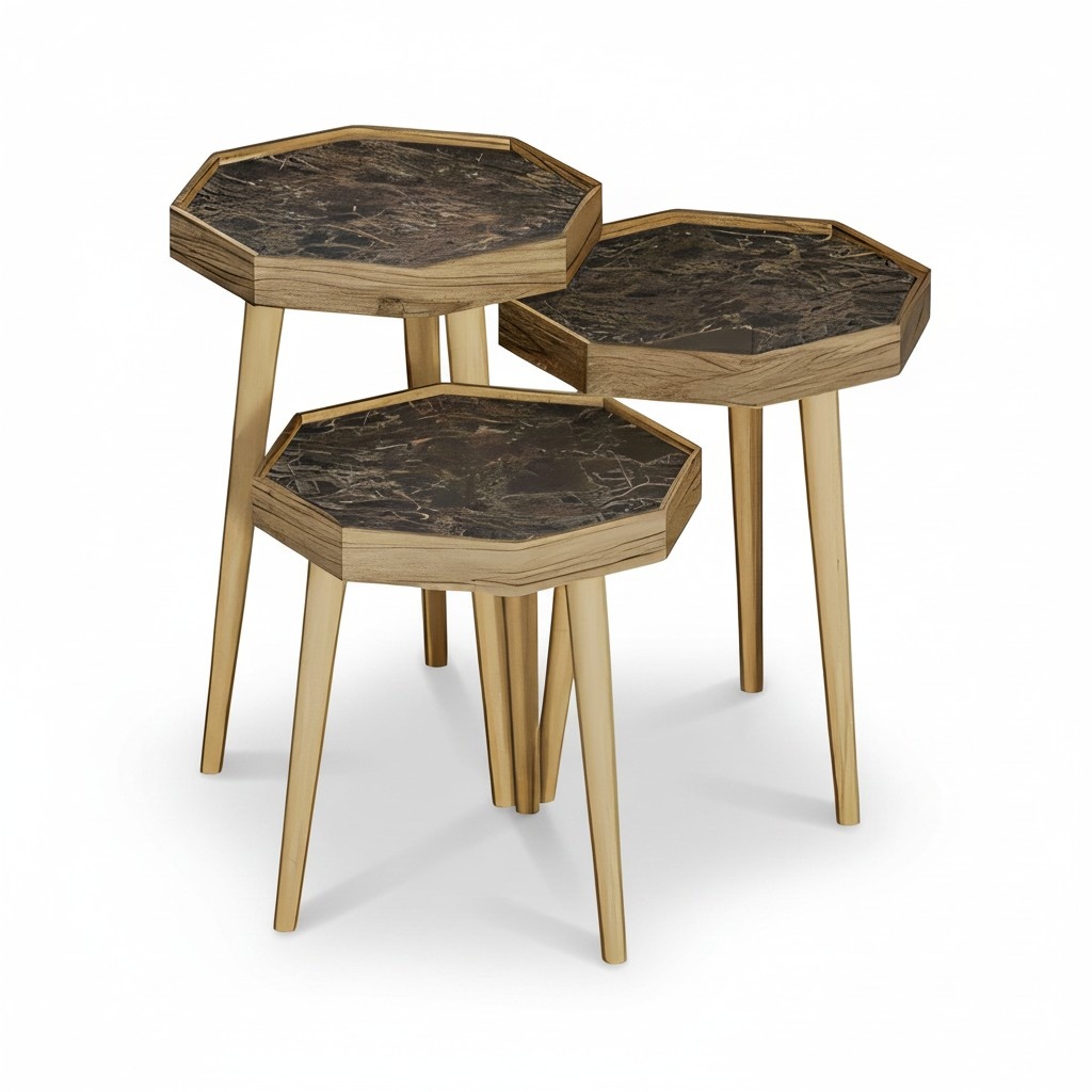 Design Couchtisch Set Hexagon mit Holzbeinen