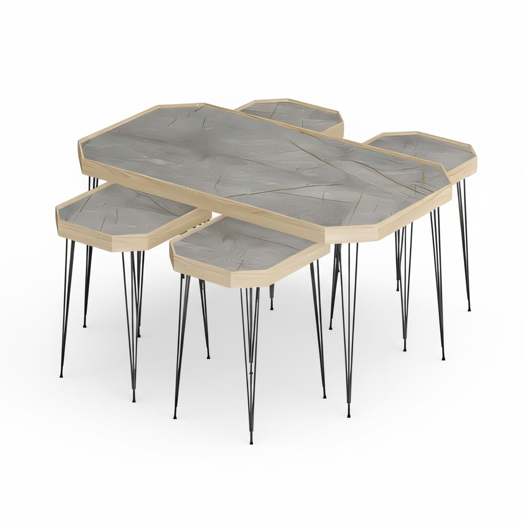 Design Couchtisch Set mit 4 Beistelltischen in Holz-Optik und Geometrischem Design