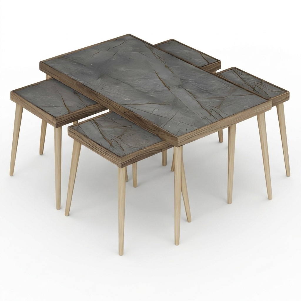 Eleganter grauer Holztisch-Set mit Couchtisch und Beistelltischen