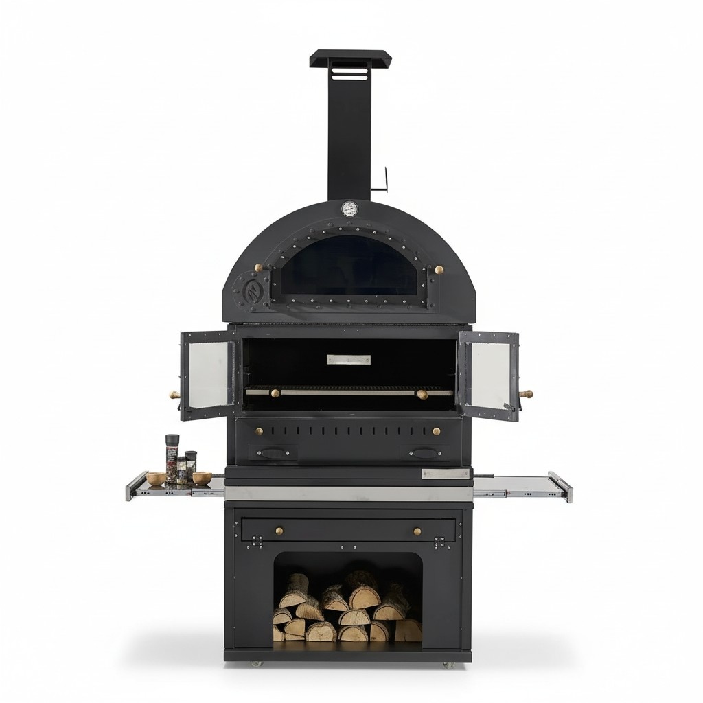 Eleganter Grillkamin aus Edelstahl in Schwarz für Garten und Terrasse