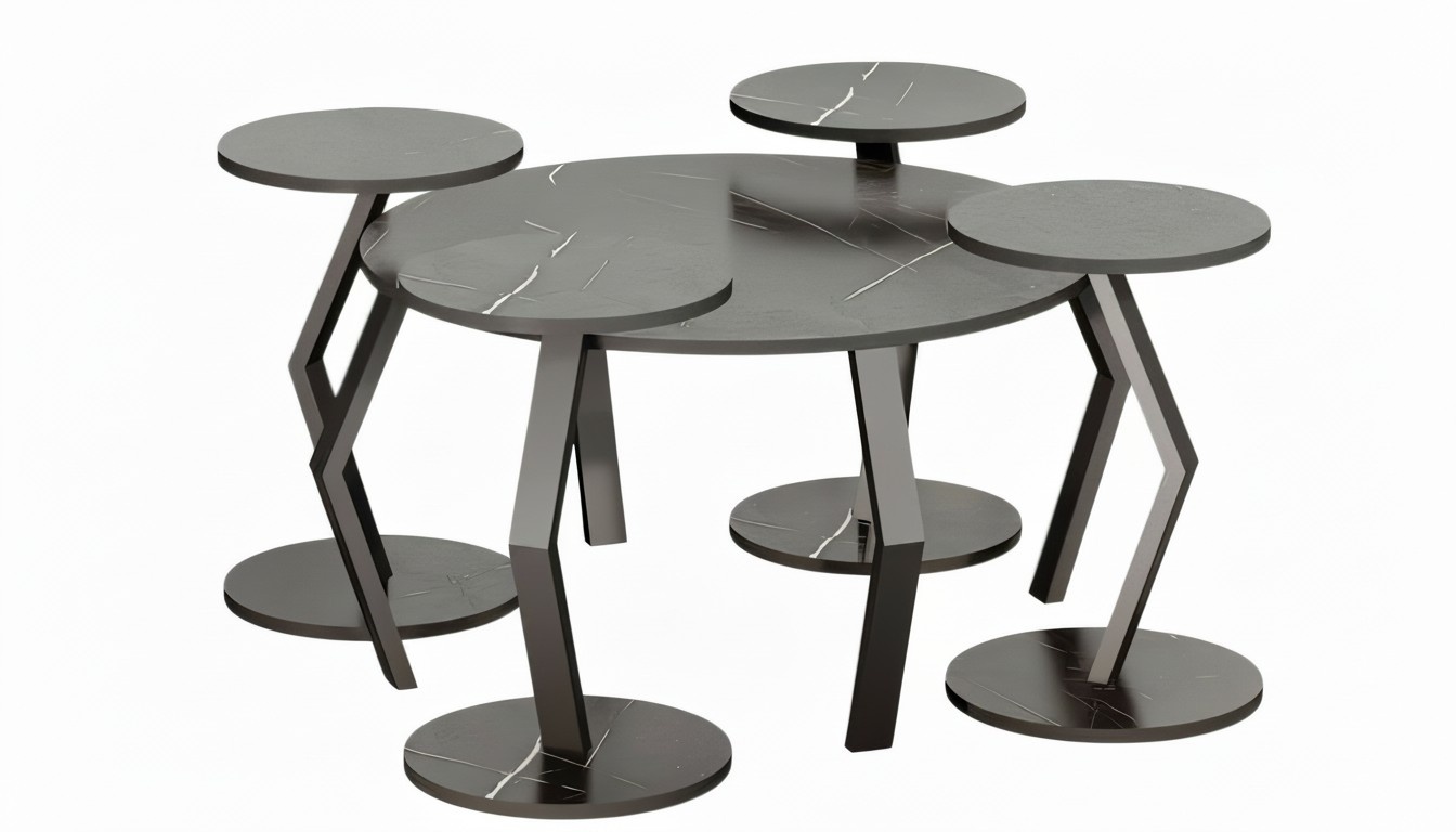 Modernes Beistelltisch Set 5 Teile in Marmor-Optik mit Schwarzen Metallbeinen