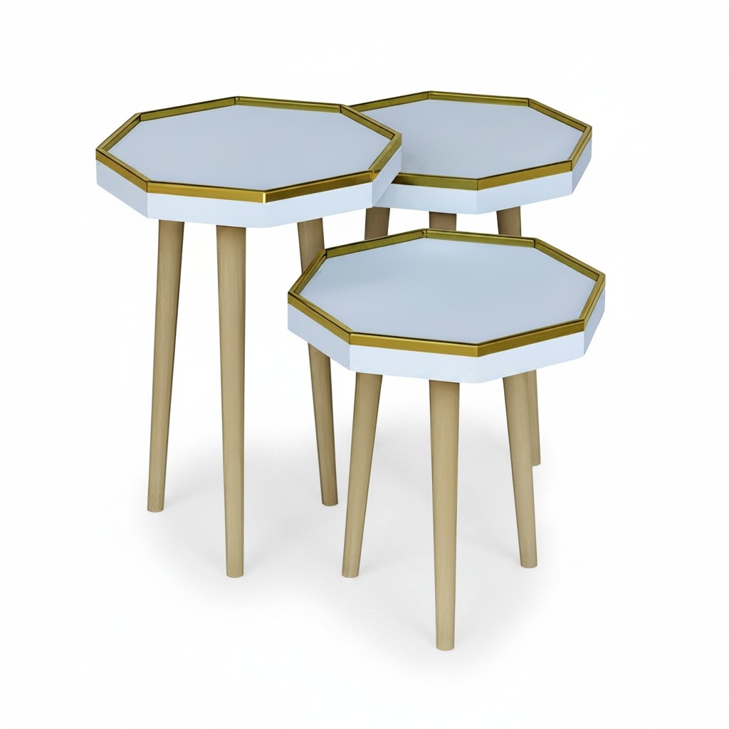 Design Satztisch 3er Set Heptagon Hellblau-Weiß mit Goldrand