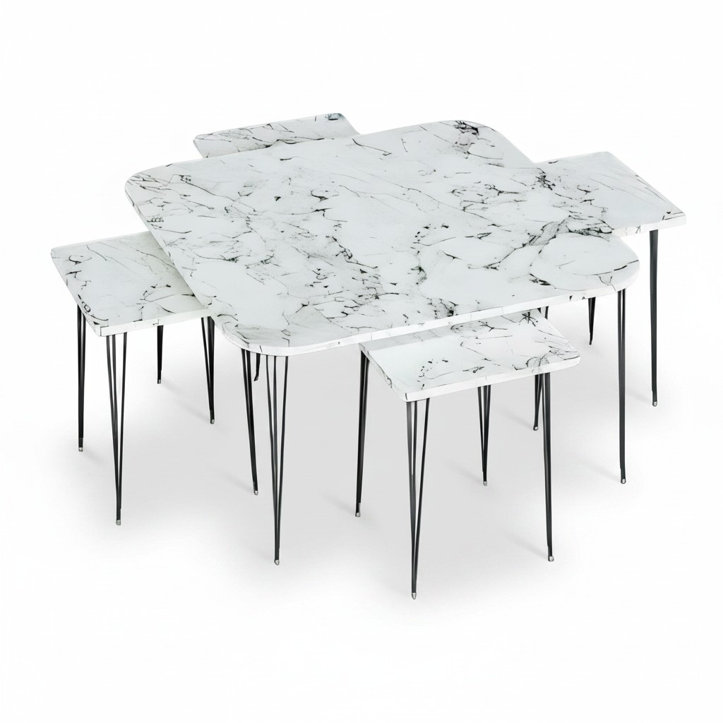 Design Satztisch Set 5-teilig – Luxus Couchtisch mit 4 Beistelltischen (Wählbar: Marmor- oder Holz-Optik)