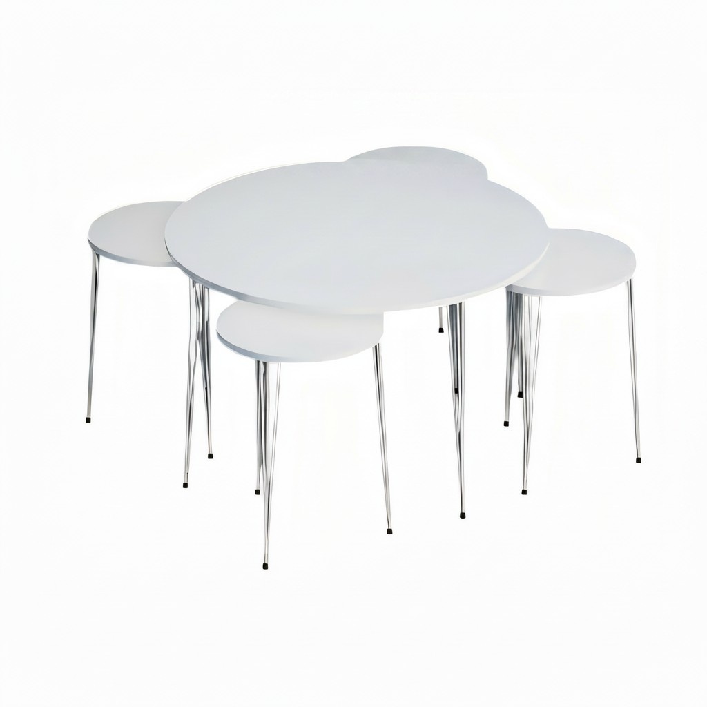 Modernes Couchtisch 5er-Set Reinweiß Rund mit Chrombeinen