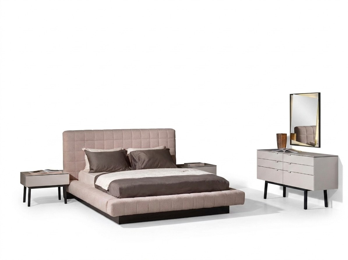 Elegantes 3-teiliges Schlafzimmer-Set aus Holz und Glas in Beige