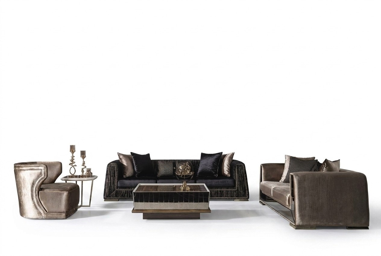 Elegantes 3-teiliges Wohnzimmer Set aus Textil in Schwarz und Braun