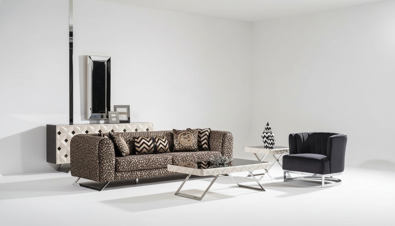 Elegantes 4-Sitzer-Sofa und Sessel aus Holz und Textil in Schwarz