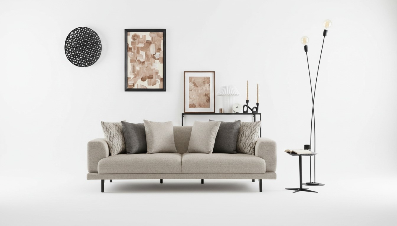 Elegantes beiges 3-Sitzer-Sofa aus Holz mit modernem Design
