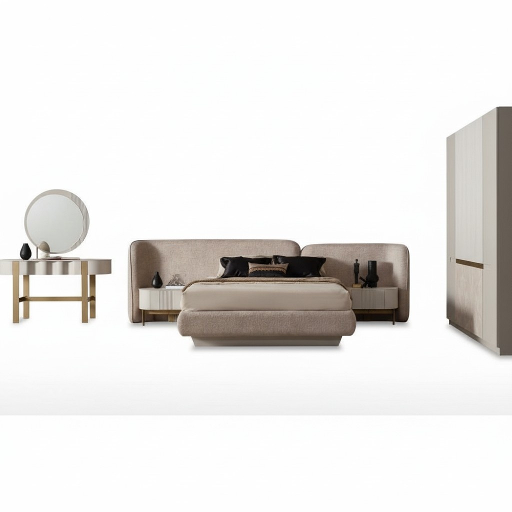 Elegantes Beiges 3-teiliges Schlafzimmer-Set aus Holz und Textil
