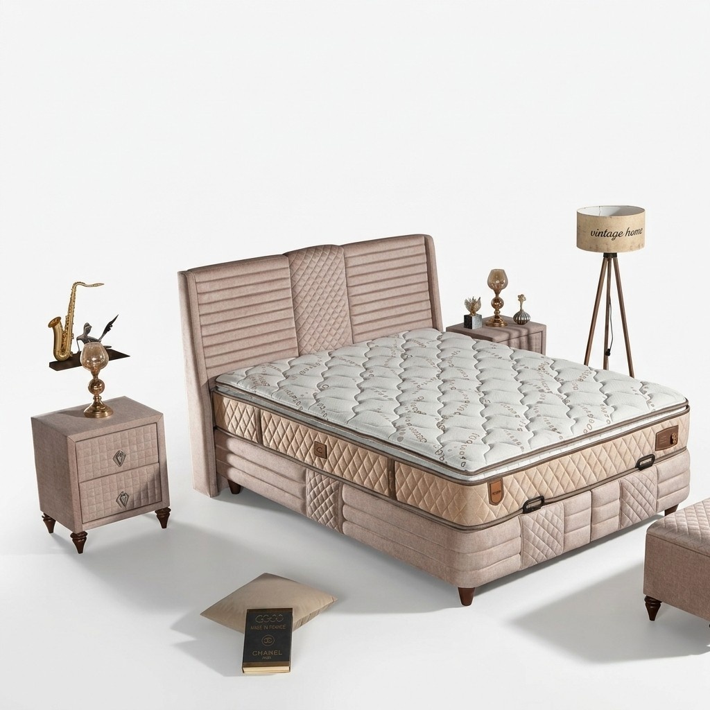 Elegantes Beiges Bett mit Matratze aus Textil und Holz