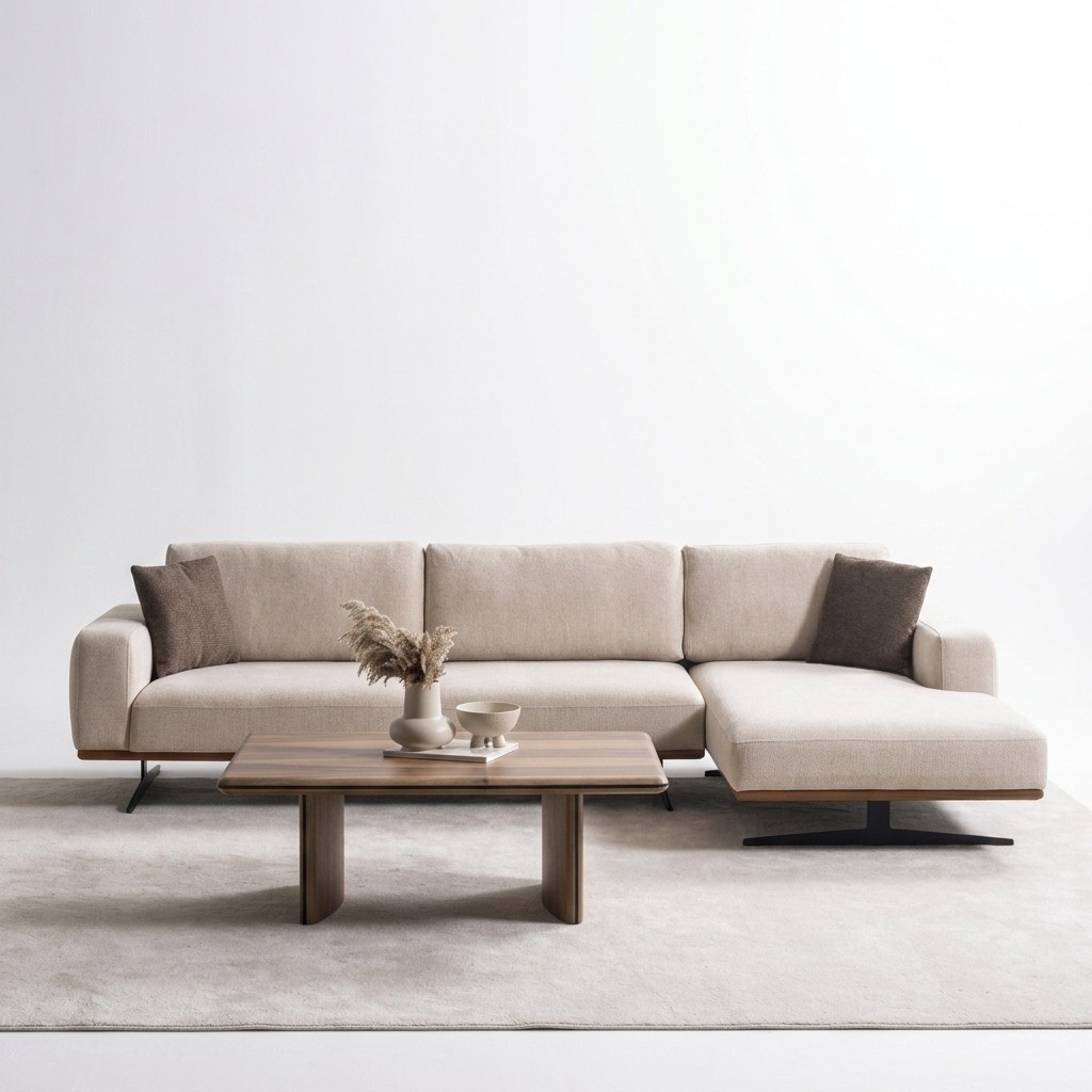 Elegantes beiges L-Form Ecksofa aus Textil für modernes Wohnzimmer