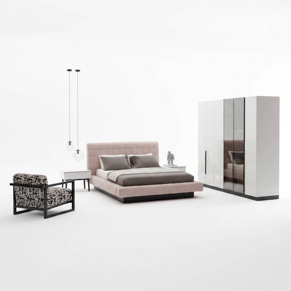 Elegantes Beiges Schlafzimmer-Set aus Holz und Stoff