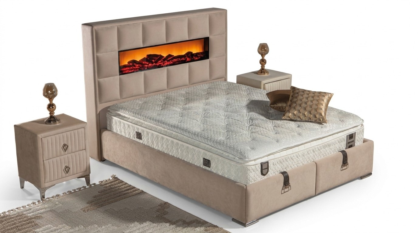 Elegantes Bett mit Matratze in Beige aus Textil und Edelstahl