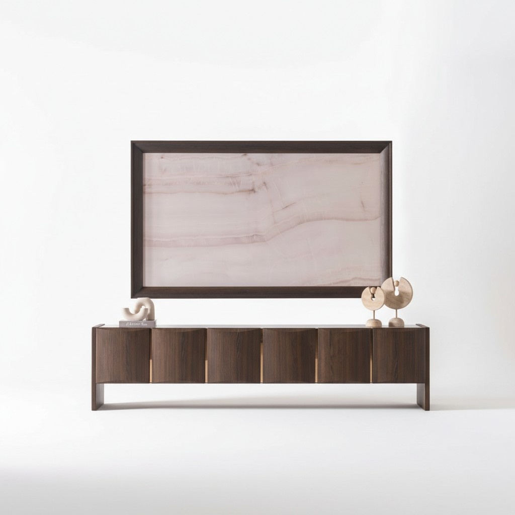 Elegantes braunes Holz TV-Lowboard mit passendem TV-Rahmen in modernem