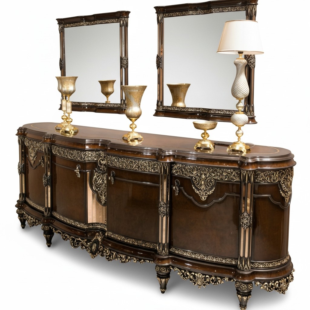 Elegantes braunes Holz- und Glasessezimmer Set mit Sideboard