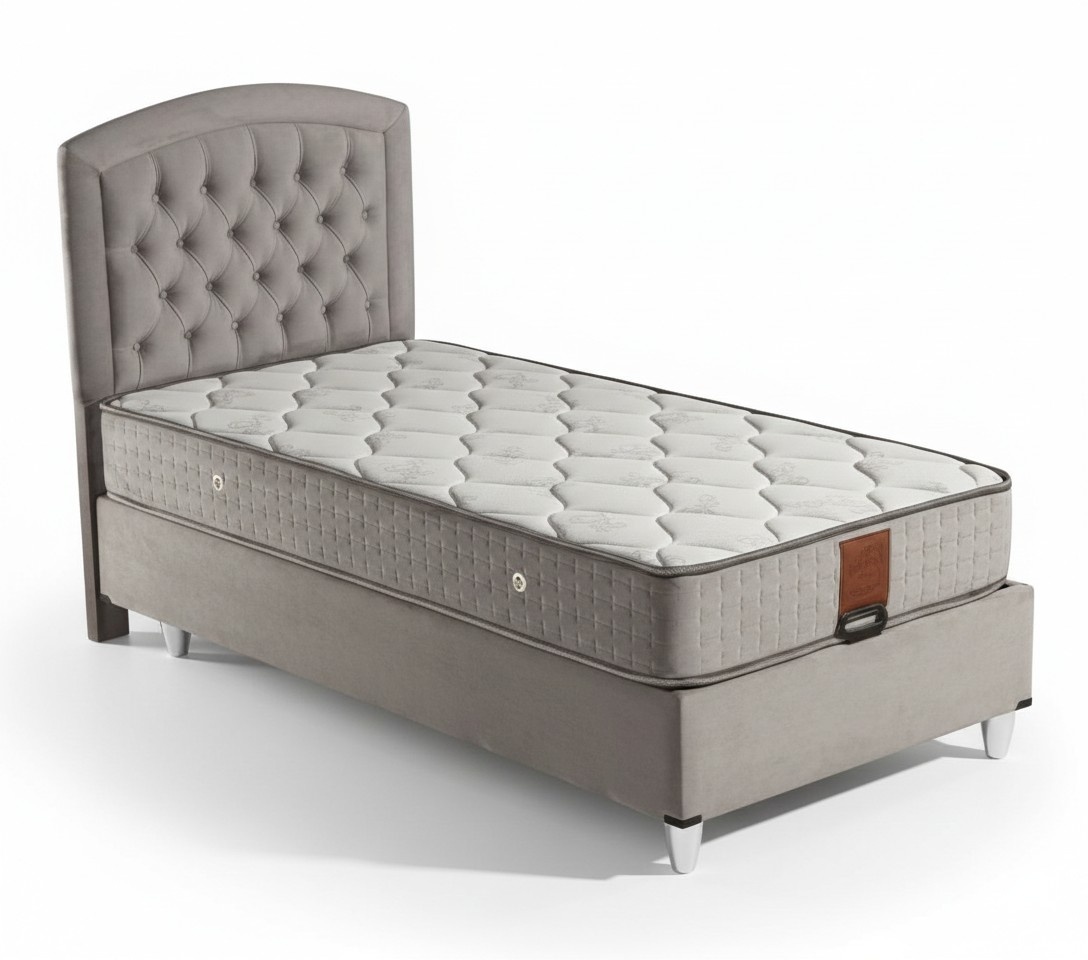 Elegantes graues Bett mit Matratze aus Textil und Edelstahl