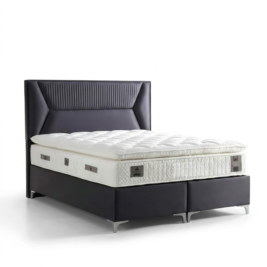 Elegantes graues Bett mit Matratze aus Textil und Holz