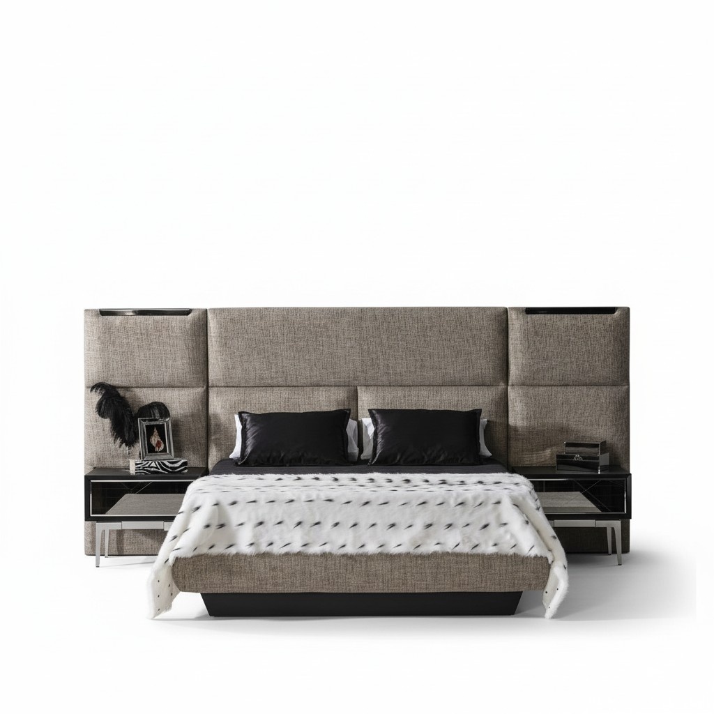 Elegantes graues Bett mit Nachttischen aus Holz und Textil