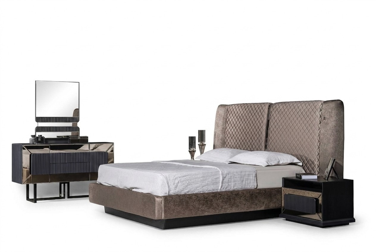 Elegantes graues Holz-Möbelset für Schlafzimmer mit Bett, Nachttischen
