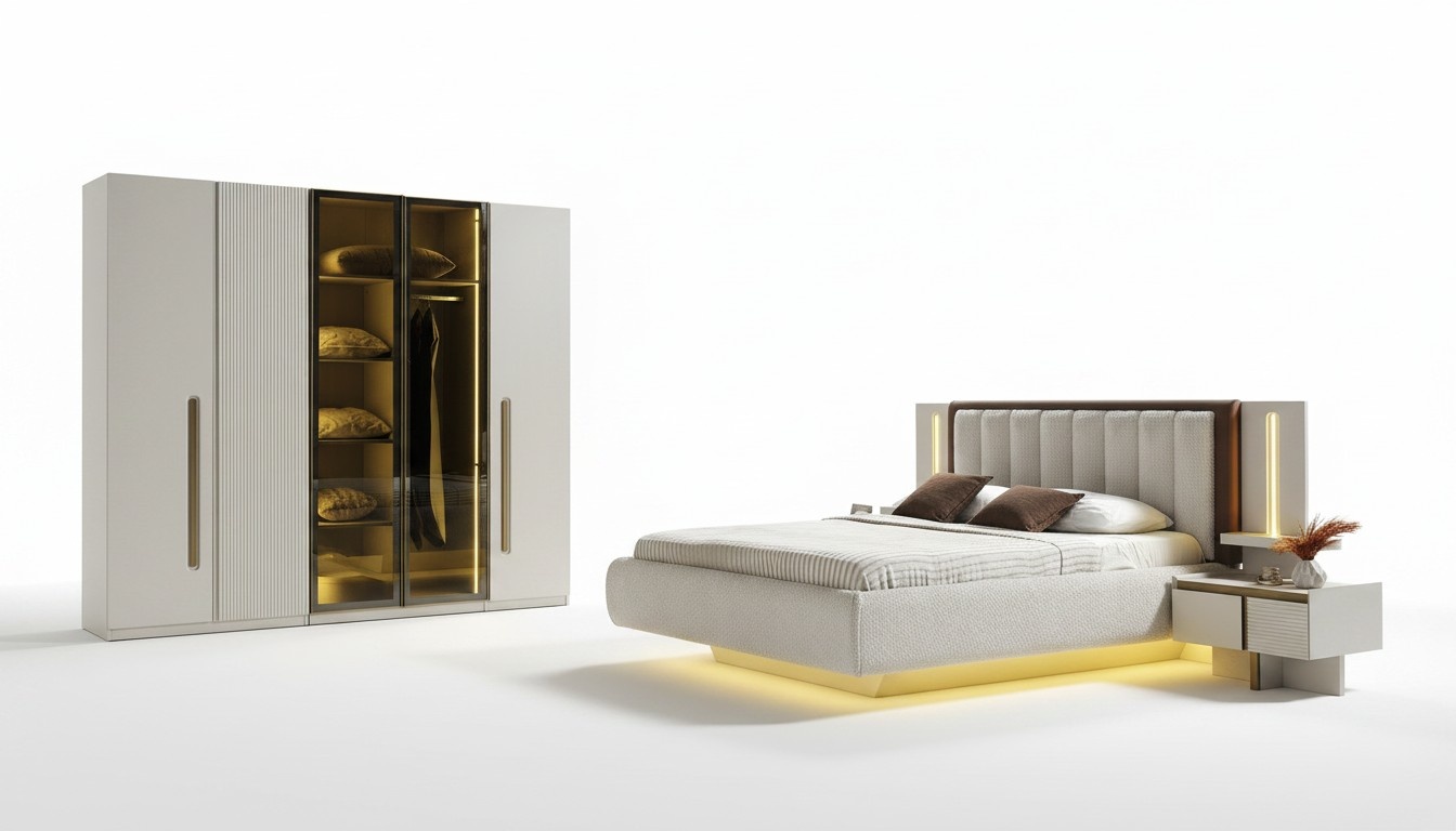 Elegantes Schlafzimmer-Set aus Holz in Beigetönen mit modernem Design