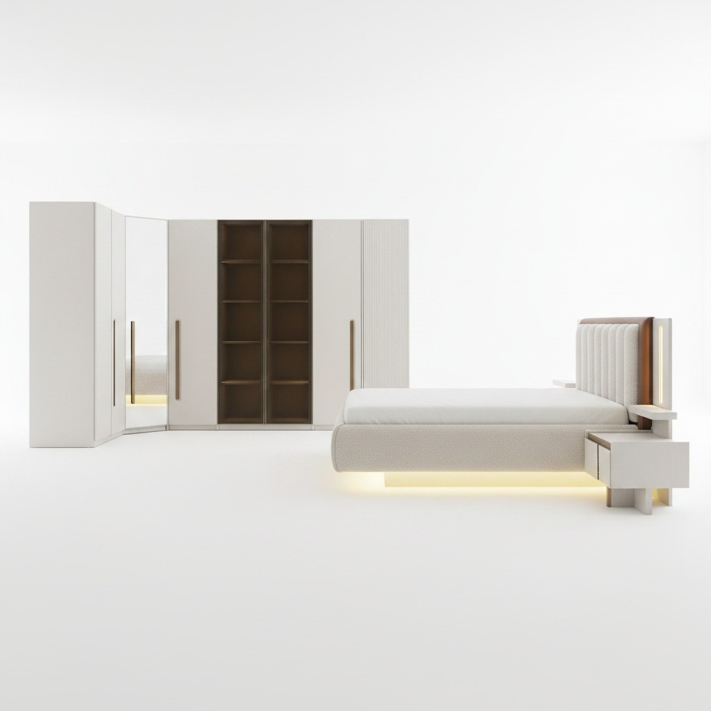 Elegantes Schlafzimmer-Set aus Holz in Beigetönen mit stilvollem