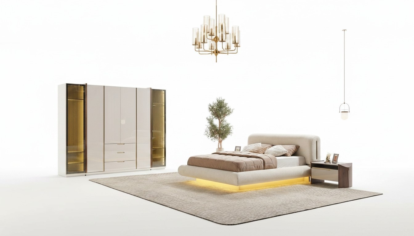 Elegantes Schlafzimmer-Set aus Holz in Beige mit Bett, Kleiderschrank