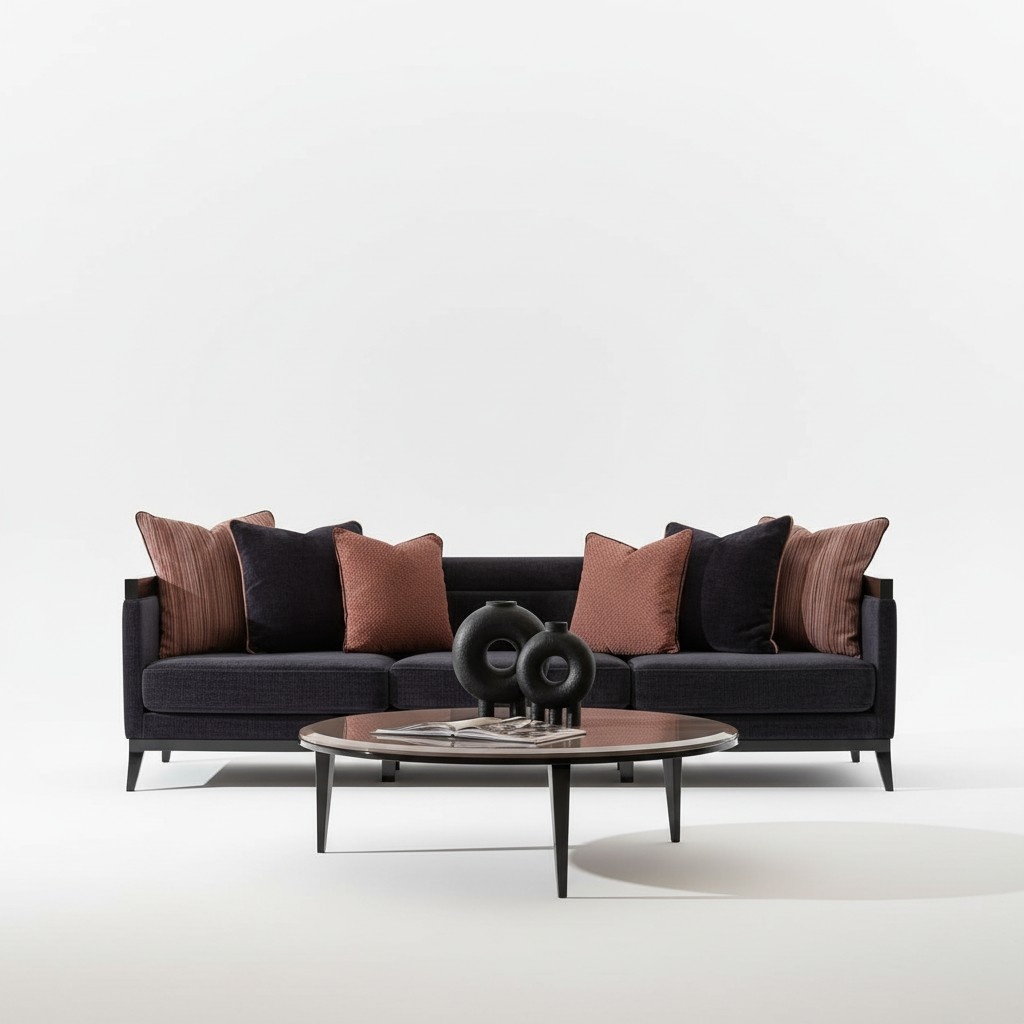Elegantes schwarzes 4-Sitzer Sofa aus Textil und Holz