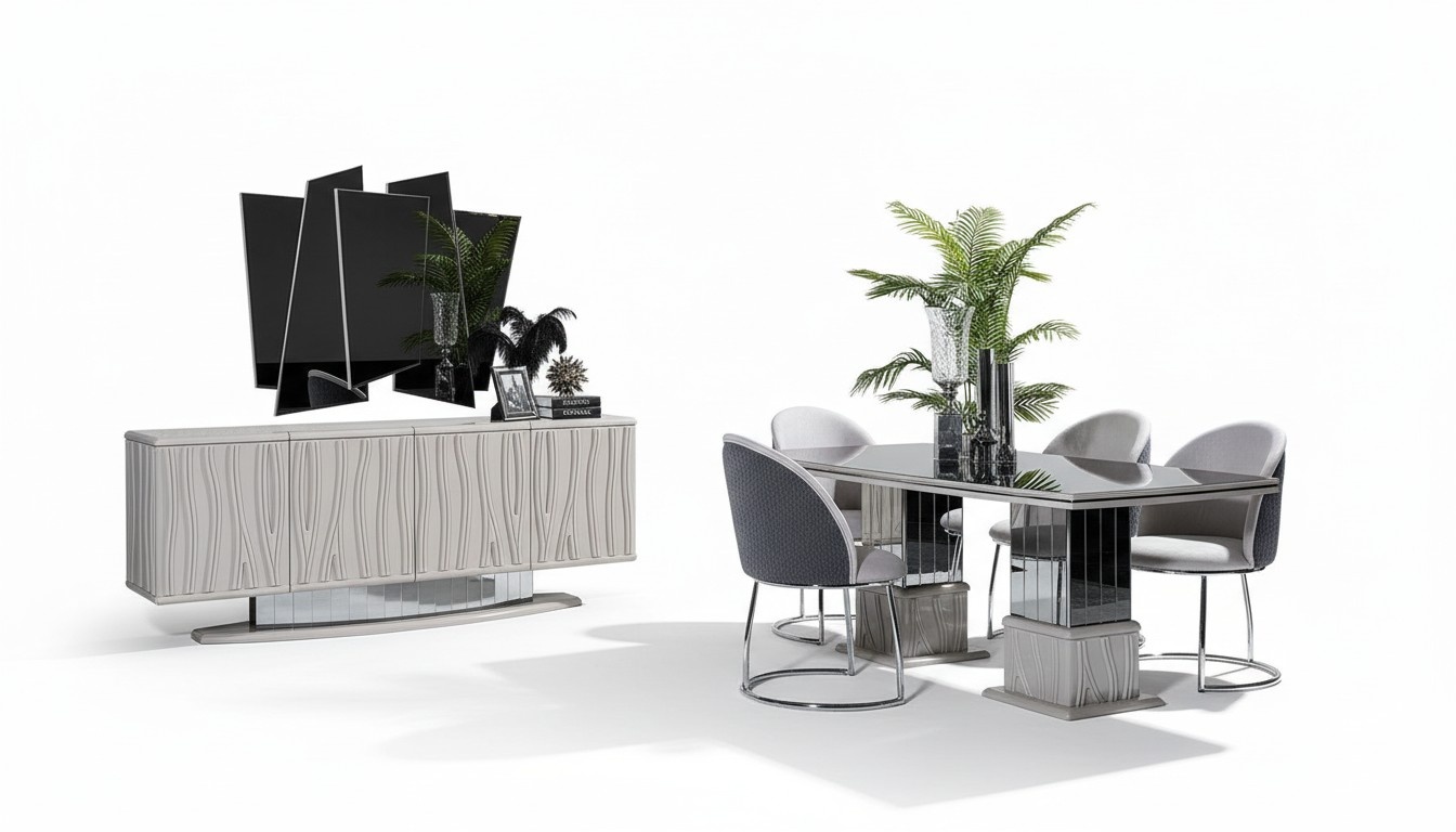 Elegantes weißes Esszimmer Set aus Holz mit Spiegel und Sideboard