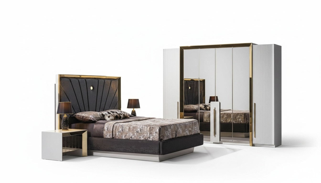 Elegantes weißes Holz-Möbelset für Schlafzimmer mit Bett, Nachttischen