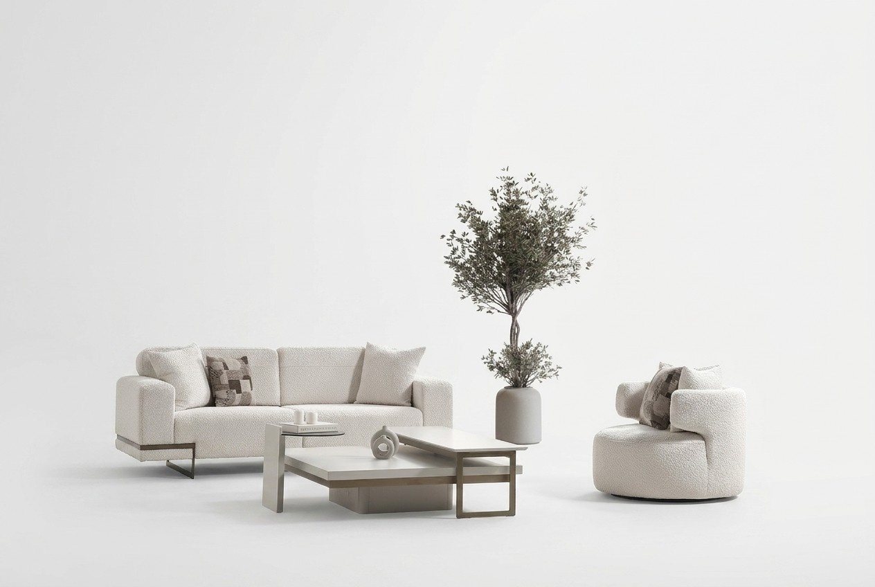 Elegantes weißes Stoffsofa mit Sessel im modernen Design