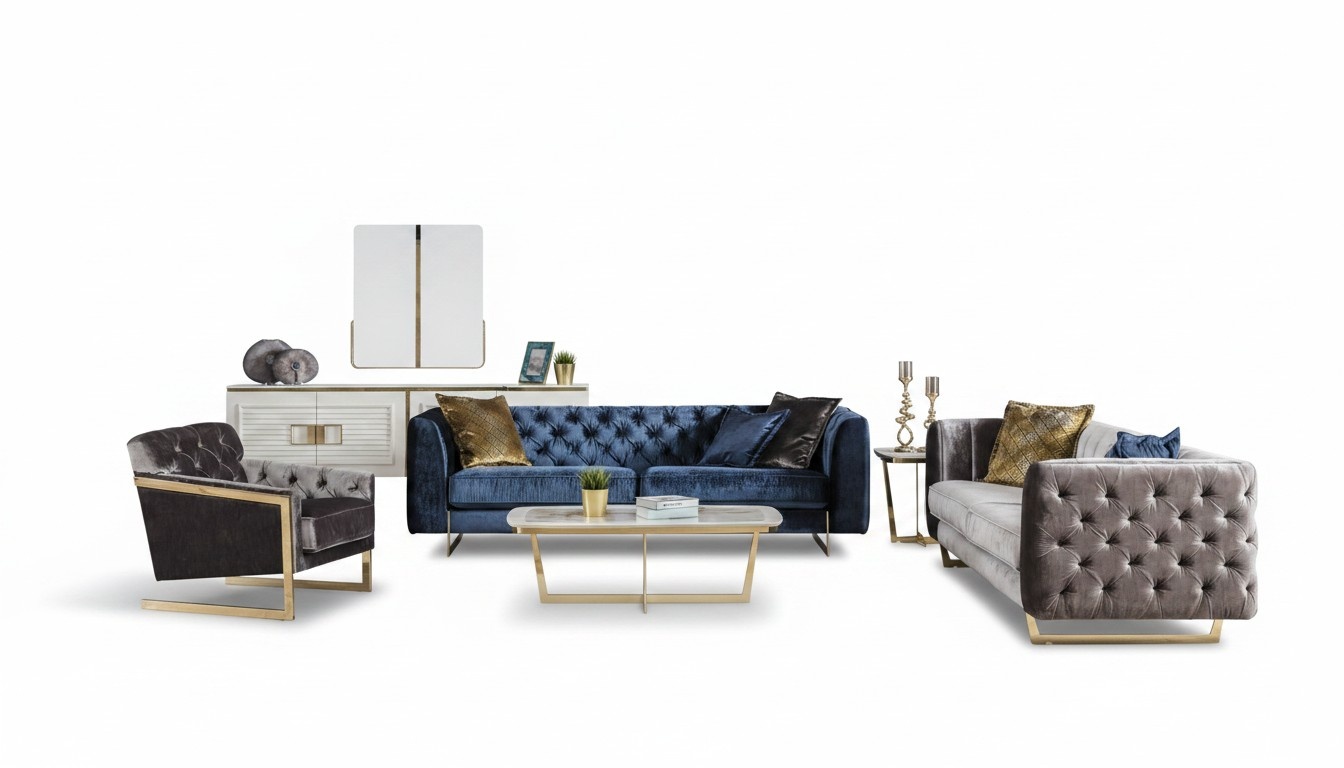 Elegantes Wohnzimmer Set aus Textil in Blau und Grau