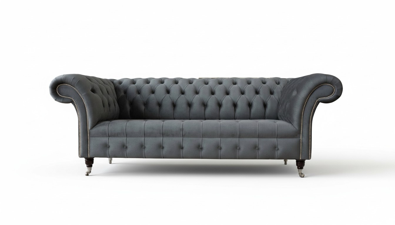 Englische Chesterfield Sofa Couch Büro Möbel Dreisitz Samt 230cm Grau