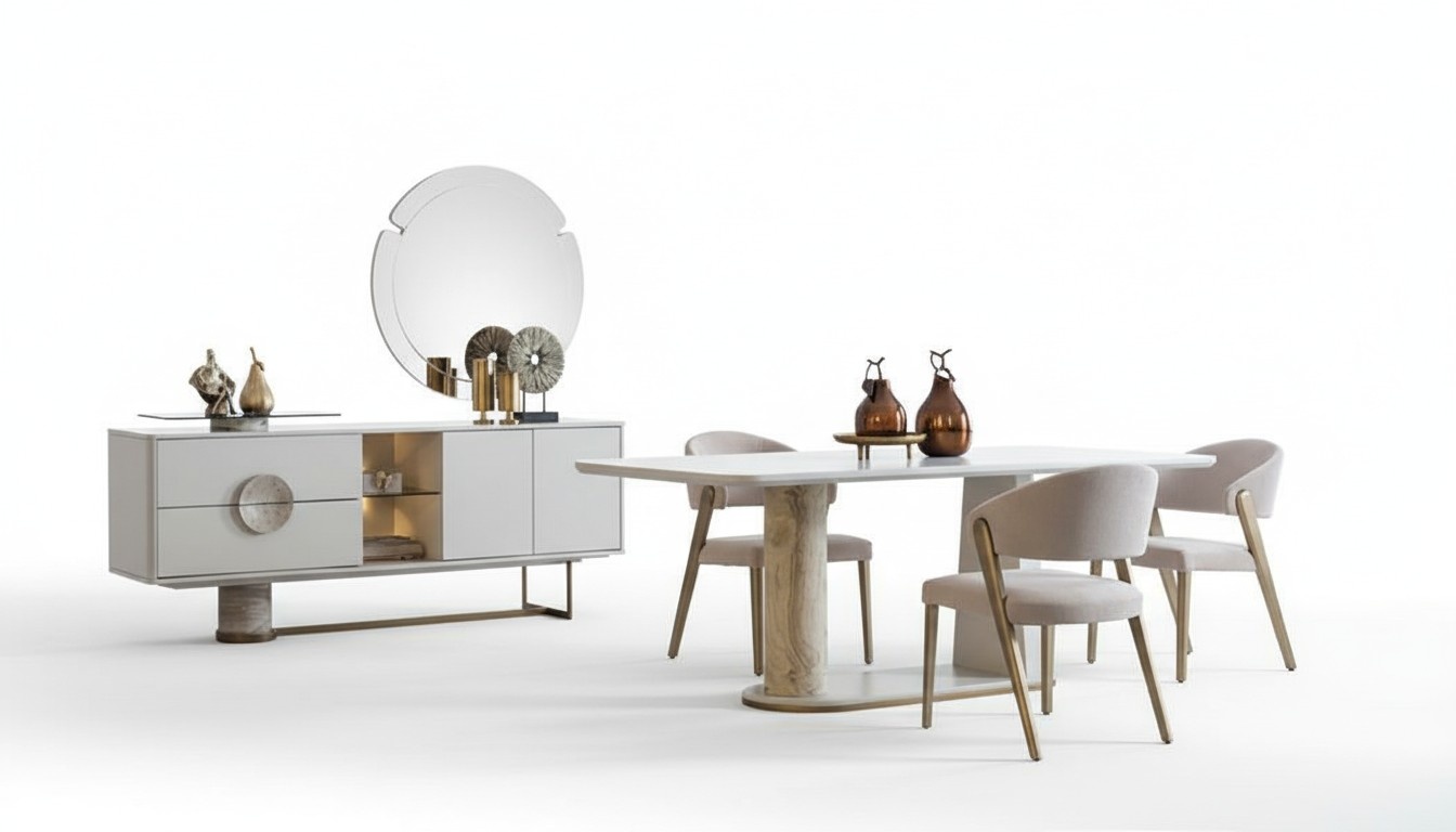 Essgarnitur Esszimmer Set 8tlg. Einrichtung Wohnzimmer Tisch 6 Stühle Kommode