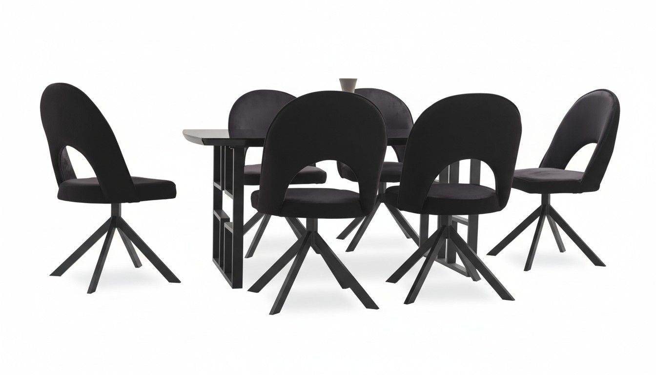 Essgarnitur schwarz rechteckige Holztischplatte Designer Stühle 7tlg