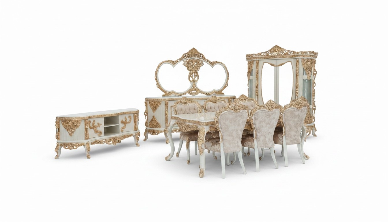 Essgruppe aus Holz Esstisch 6 Polsterstühle Sideboard+Spiegel+Vitrine Neu Modell