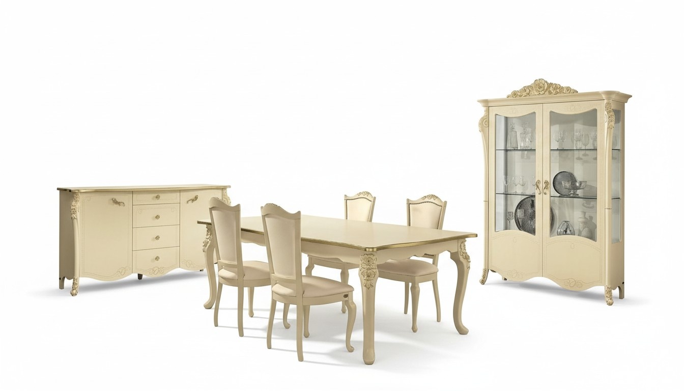 Esszimmer Beige Esstisch 4x Stühle Kommode Vitrine Gruppe Garnitur Möbel 7tlg