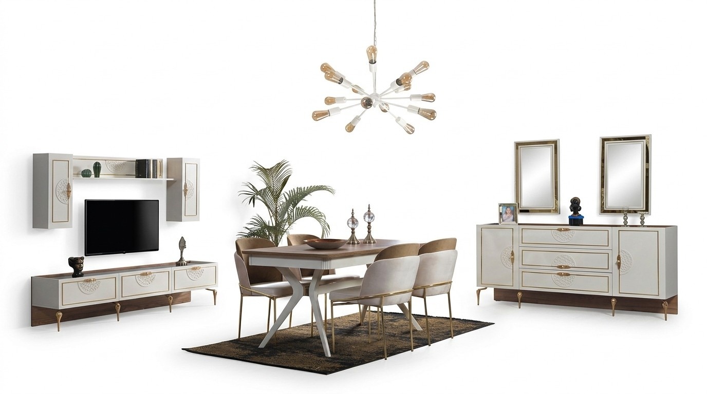 Esszimmer Essgruppe Set Tisch 4x Stühle Anrichte 2х Spiegel 8tlg neu