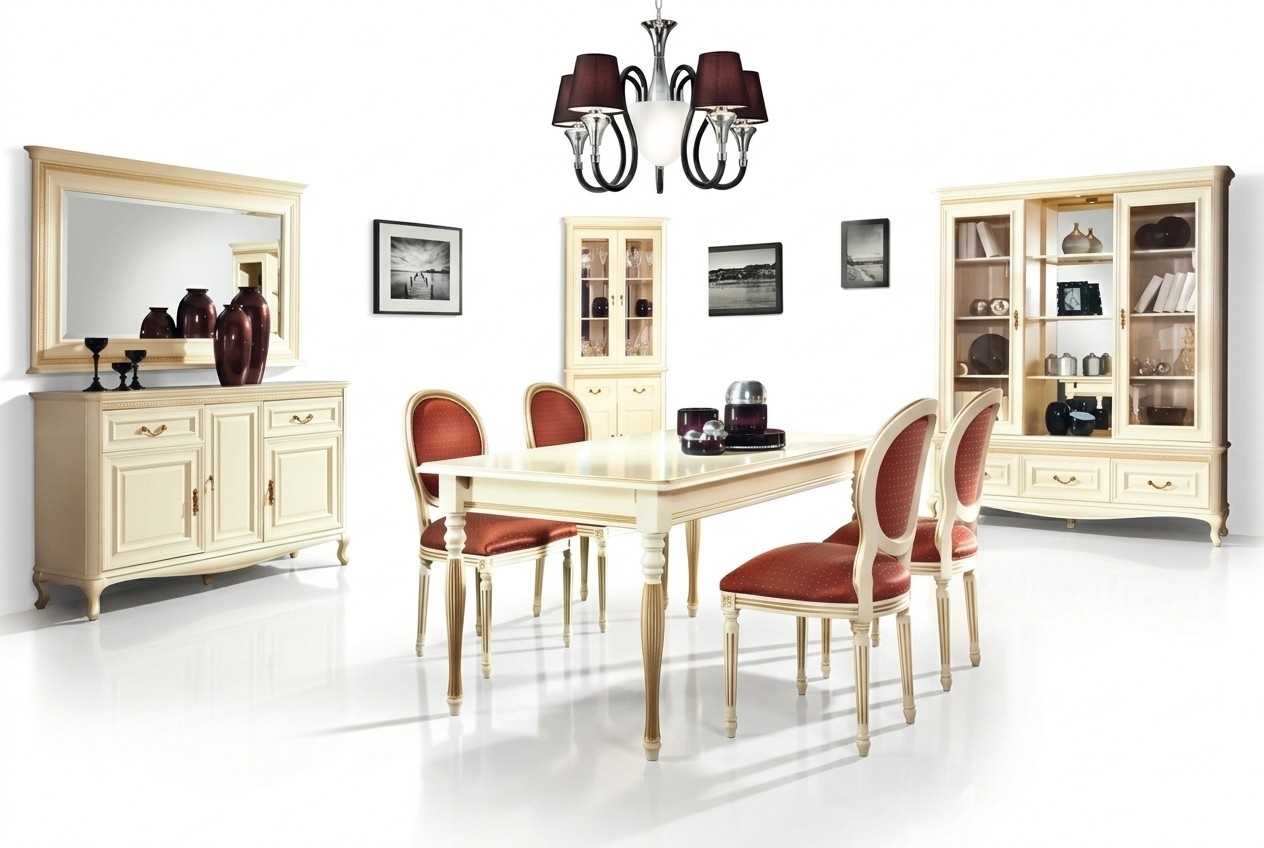 Esszimmer Esstisch Holzmöbel Anrichte mit Spiegel Weiß Eckvitrine Set 4tlg