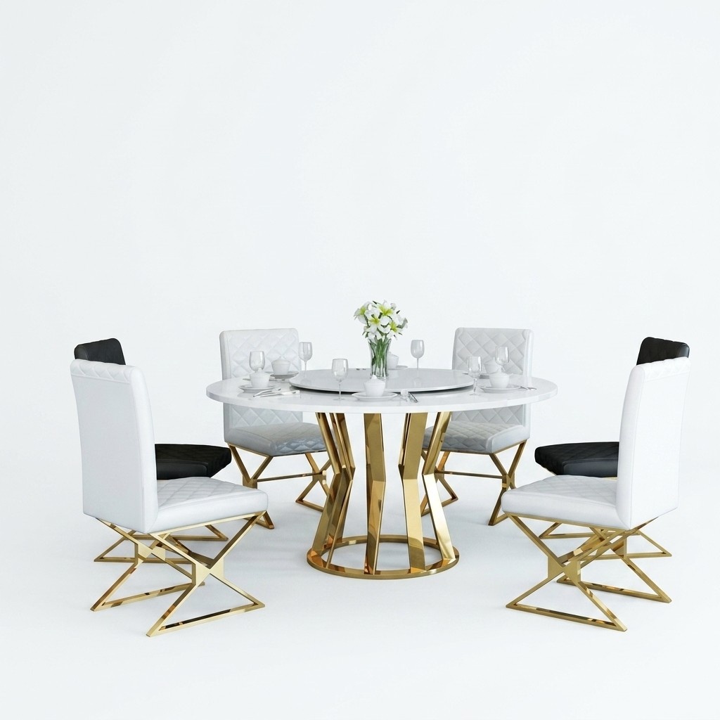 Esszimmer Garnitur Moderner Esstisch + 6 Lehnstühle Metall Leder Set