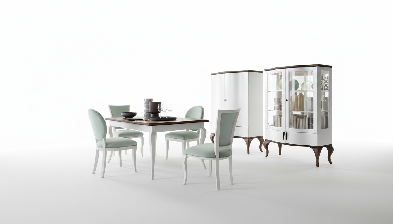 Esszimmer Garnitur Set Klassische Tisch 4x Stühle Vitrine Kommode 7tlg