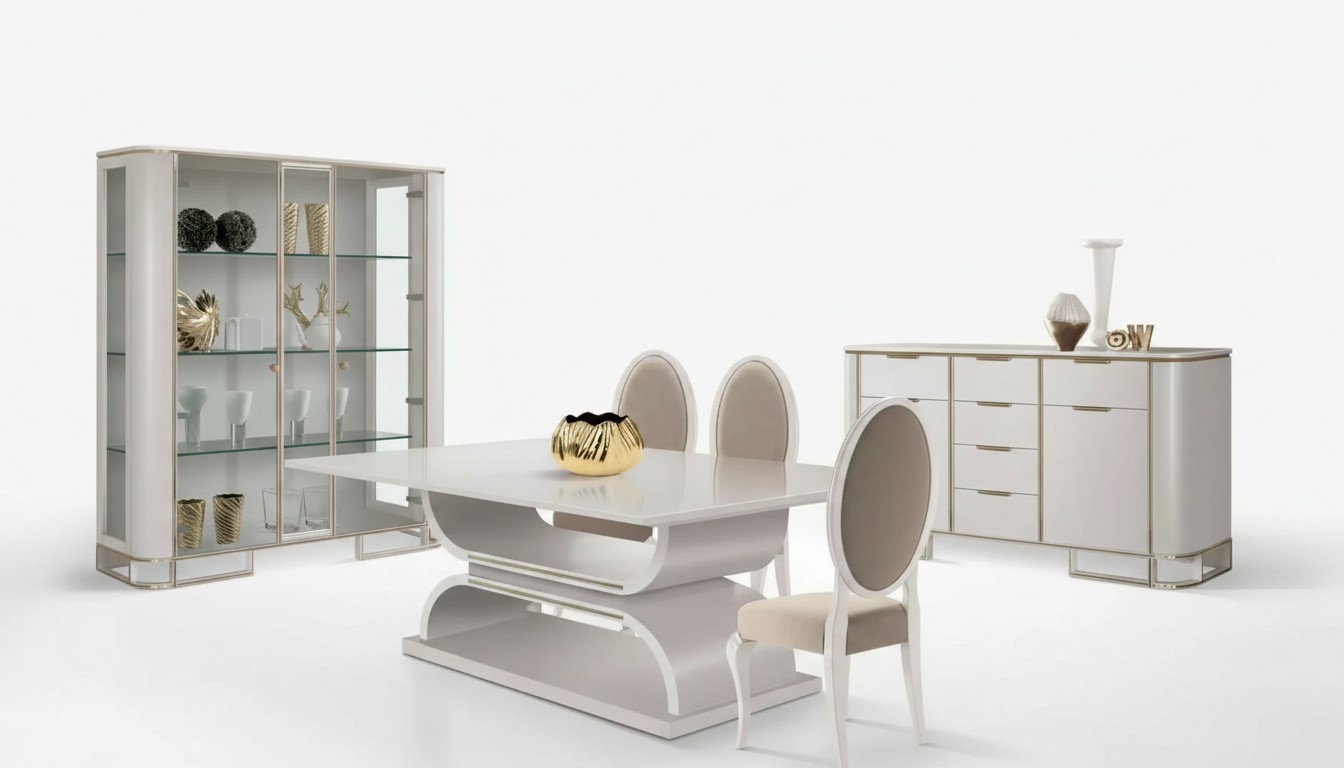 Esszimmer Garnitur Set Tisch 4x Stühle Vitrine Komplettes Set Neu 7tlg.
