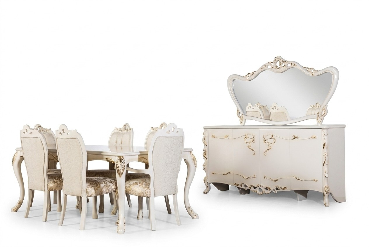 Esszimmer Set 9tlg. Luxus Garnitur Tisch 6x Stühle Anrichte Spiegel Neu Möbel