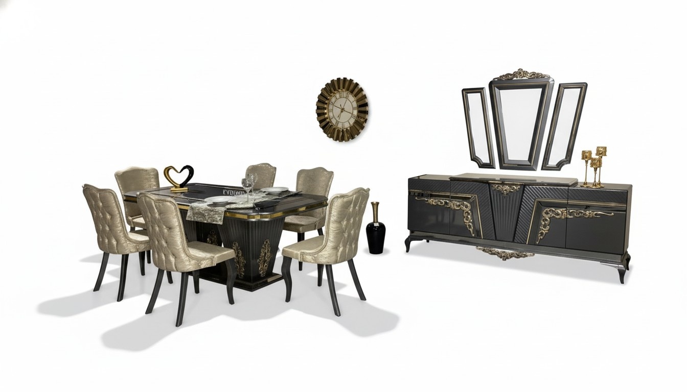 Esszimmer Set 9 tlg. Esstisch + 6x Stühle Anrichte mit Spiegel Grau neu