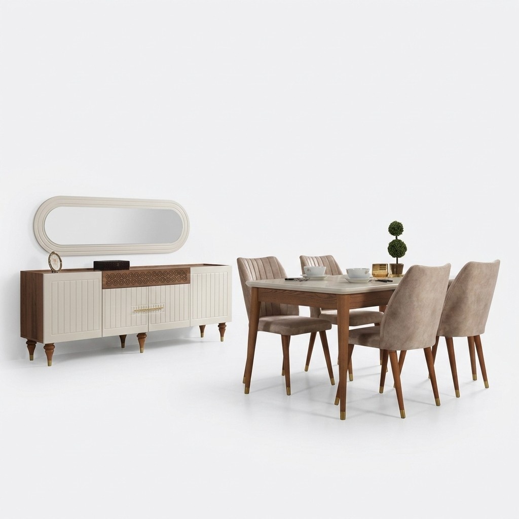 Esszimmer Set Tisch 4x Stuhl Anrichte Spiegel Möbel 7tlg Modern