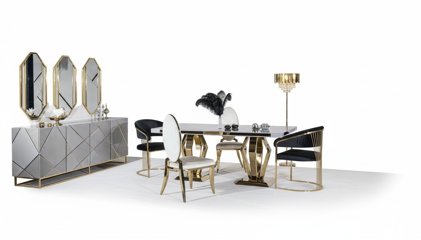 Esszimmer Set Tisch 4xStühle Anrichte Spiegel 7tlg Esstisch Garnitur Tisch