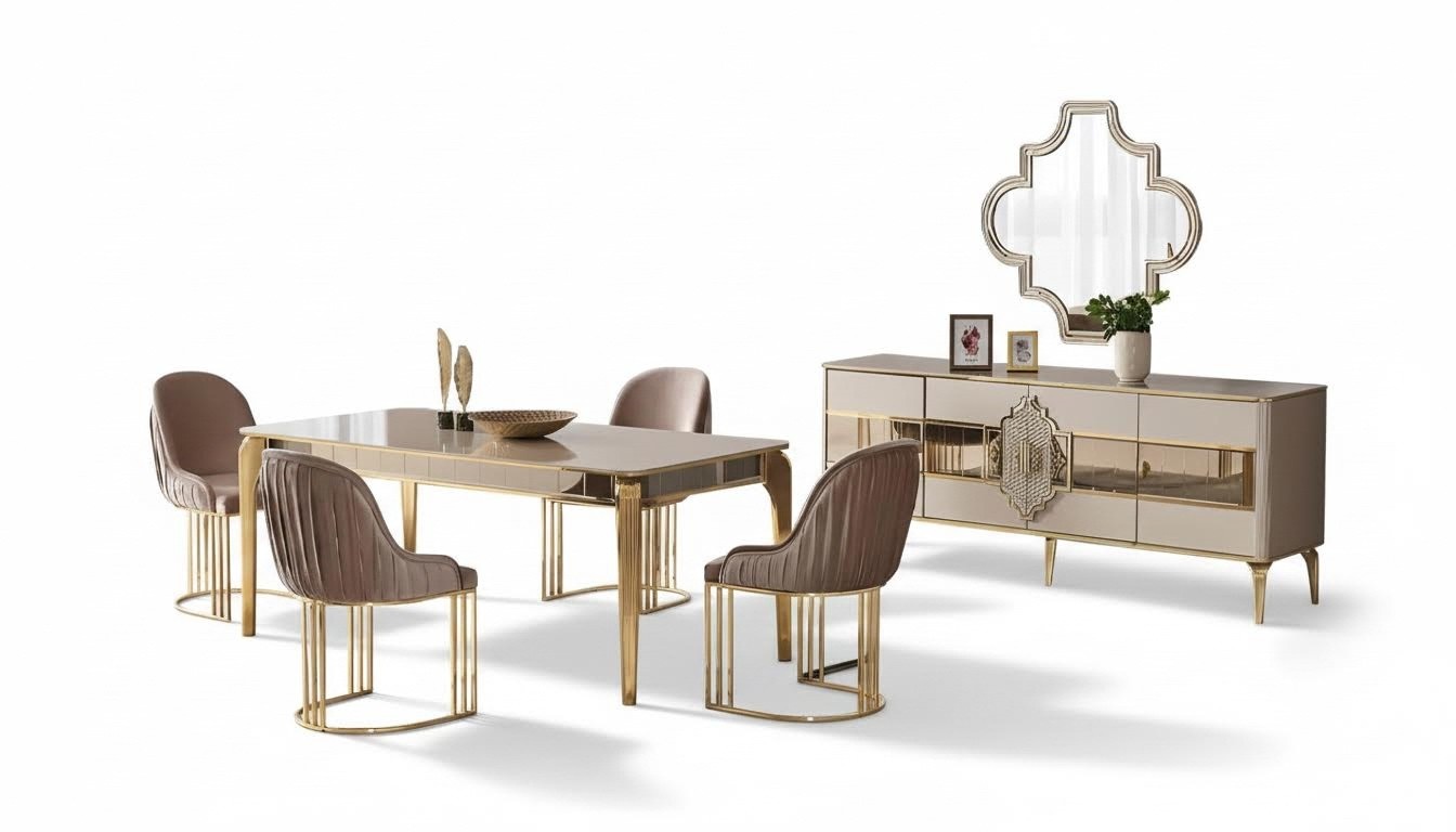 Esszimmermöbel Essgruppe 7tlg Esstisch Stühle Sideboard Beige Tisch