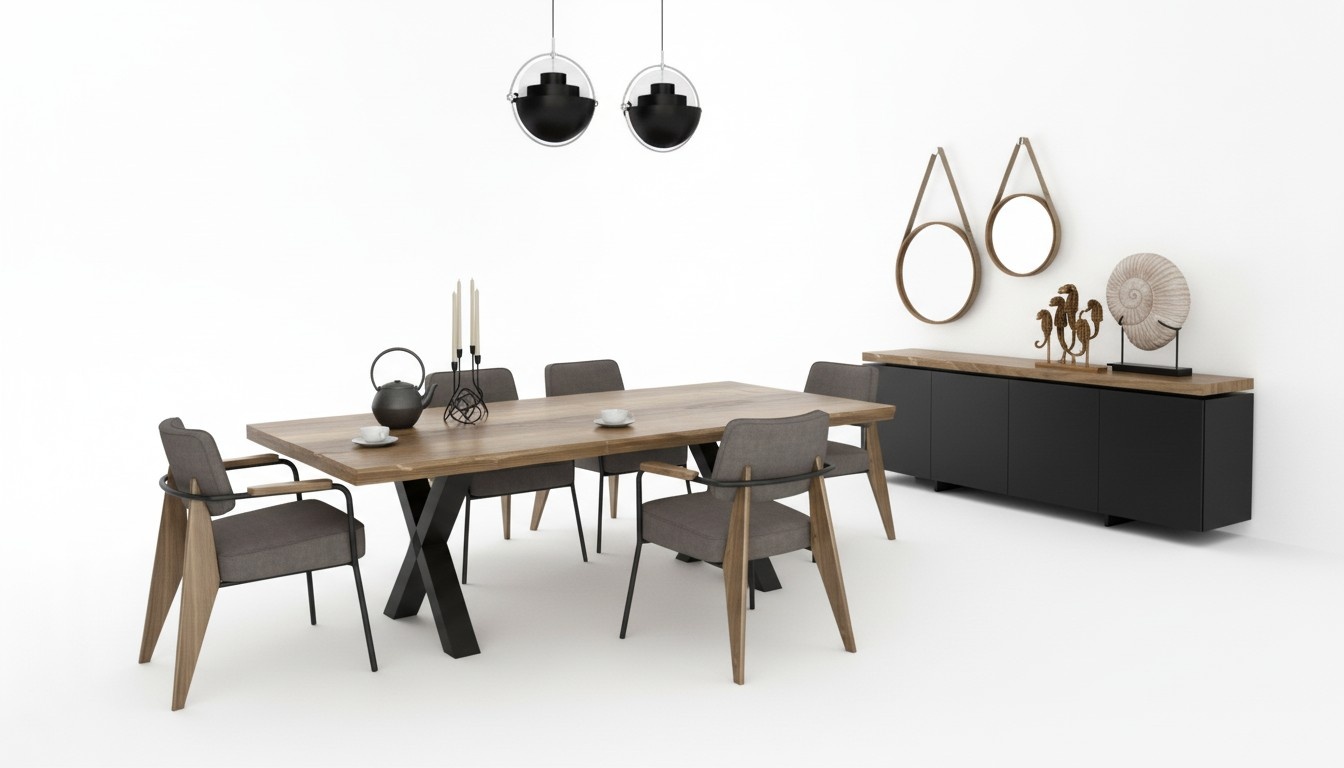 Esszimmermöbel Set Esstisch Stühle Anrichte Walnuss natur - Anthrazit matt