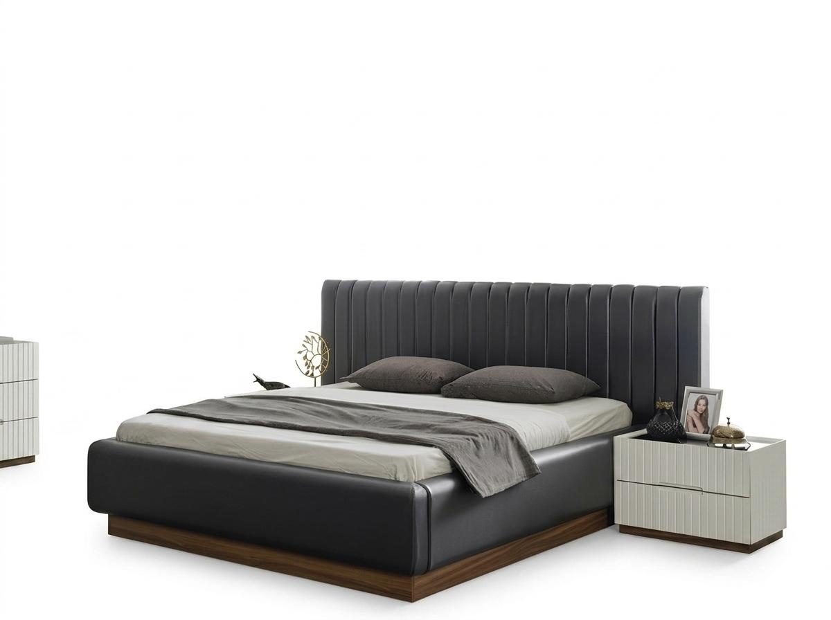 Exklusive Grau-Weiße Schlafzimmer Garnitur Polsterbett 2x Nachttische